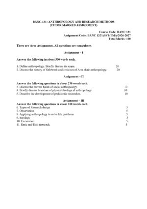 IGNOU BANC-131 Solved Assignment PDF: Anthropology and Research Methods (2026-27)